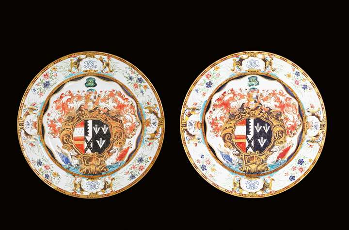 Pair of Chinese armorial porcelain chargers with the arms of Okeover